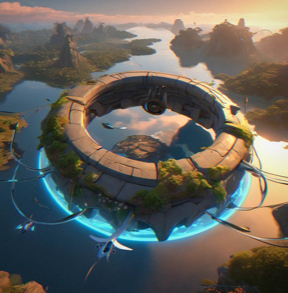 A massive rotating stone sky gate with three interlocking rings, a glider banking through the smallest gap with a timer showing 18 seconds remaining