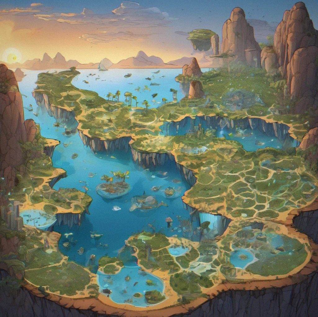 Cross-section view of a procedurally-generated island showing multiple cave systems, bioluminescent ruin clusters and underground cavern networks