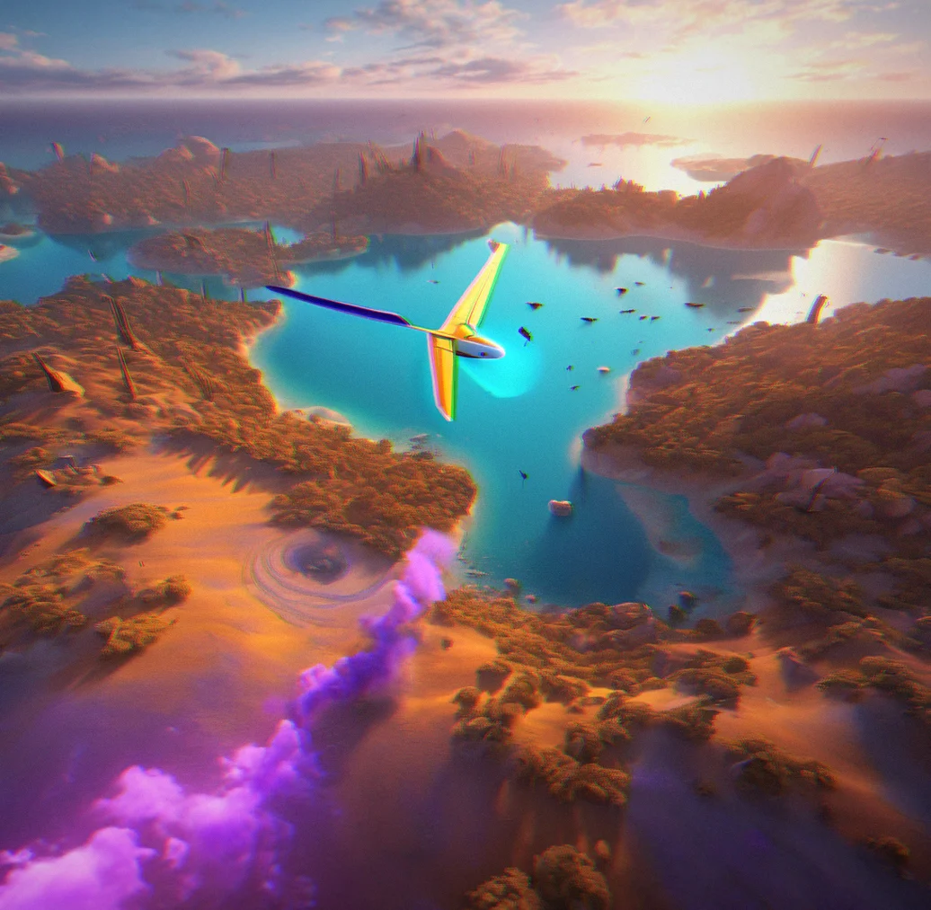 A glider banking through a visible golden thermal column with altitude gauge showing a climb rate of 2.3 meters per second