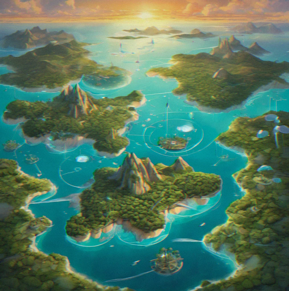 An aerial view from a glider showing seven floating islands at varying distances and altitudes, with wind current indicators visible across the sky
