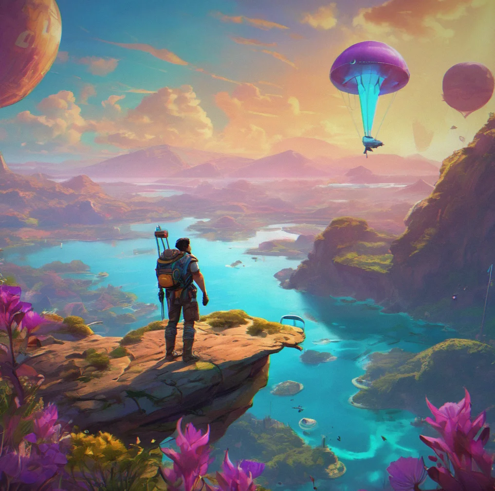 A stranded explorer standing on a floating platfrom waving toward an approaching glider, with a fuel gauge showing 22 percent remaining