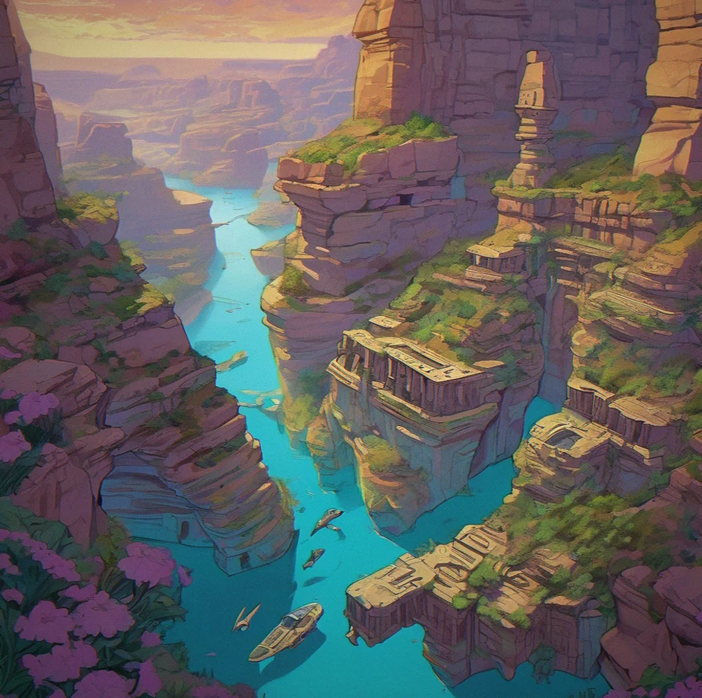 Ancient bioluminescent ruins carved into a canyon wall, architectural patterns suggesting prior civilization, glider approaching for closer inspection