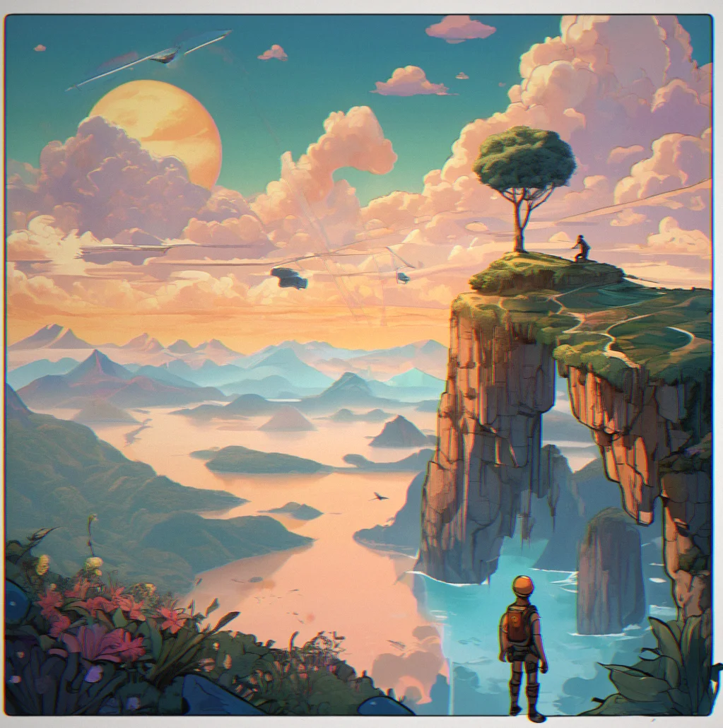 A stranded explorer standing on a floating platform carved into an island peak, waving toward a glider in the distance with mountains and cloud layers stretching endlessly below