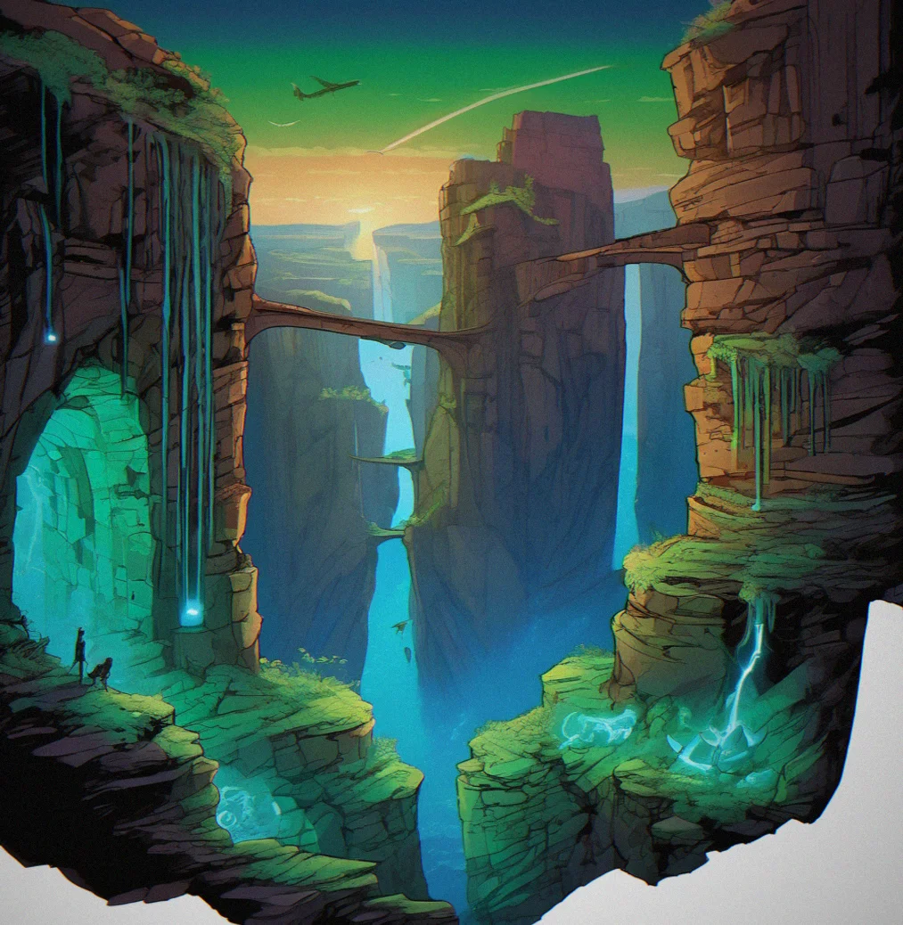 A bioluminescent ruin carved into a canyon wall, glowing blue-green against dark stone, with a glider approaching from below through a narrow passage