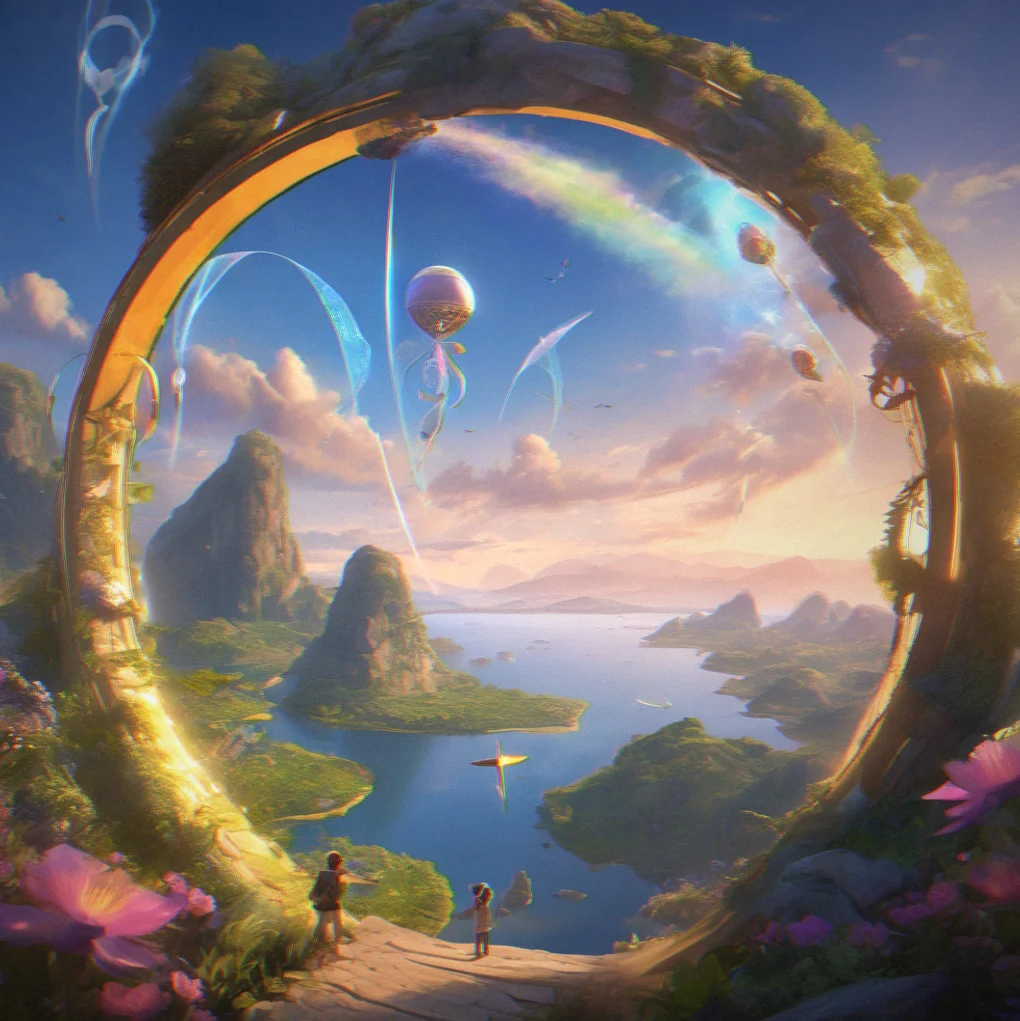 A timed sky gate obstacle course with spinning stone rings and wind currents visible as shimmering air distortion, a glider banking sharply through the narrowest gap
