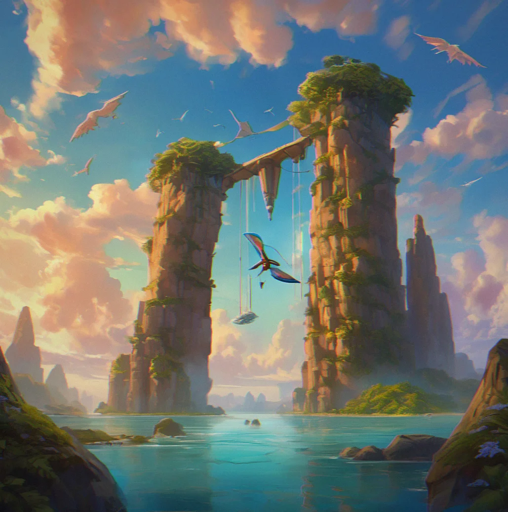 A glider squeezing througgh two massive stone pillars forming a sky gate, wind distortion rippling around the gap, clouds stretching far below