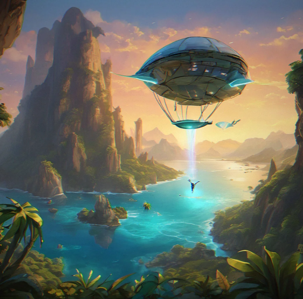 A glkder coming in to land on an island peak with bioluminescent ruins, banking around rock formations, cave entrance visible underneath