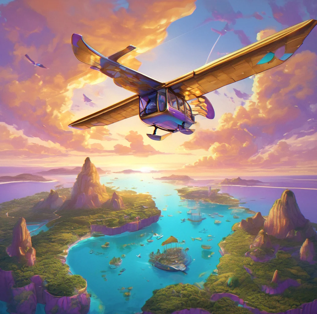 A glider banking tight inside a thermal, golden shimmer rising through the air, with islands scattered below at different heights