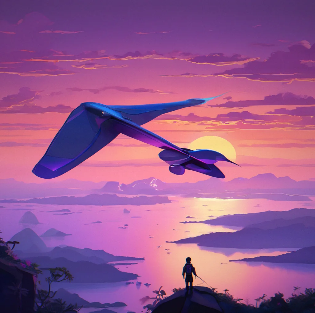 A glider launching from a peak at dawn with soft purple light breaking across the horizon, distant islands visible as silhouettes in layered altitude bands