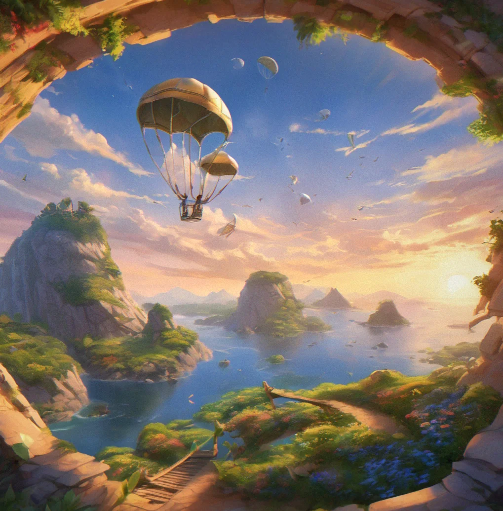 A glider banking sharply through a rotating stone sky gate with wind distortion visible as shimmering air, timer readout showing 12 seconds remaining
