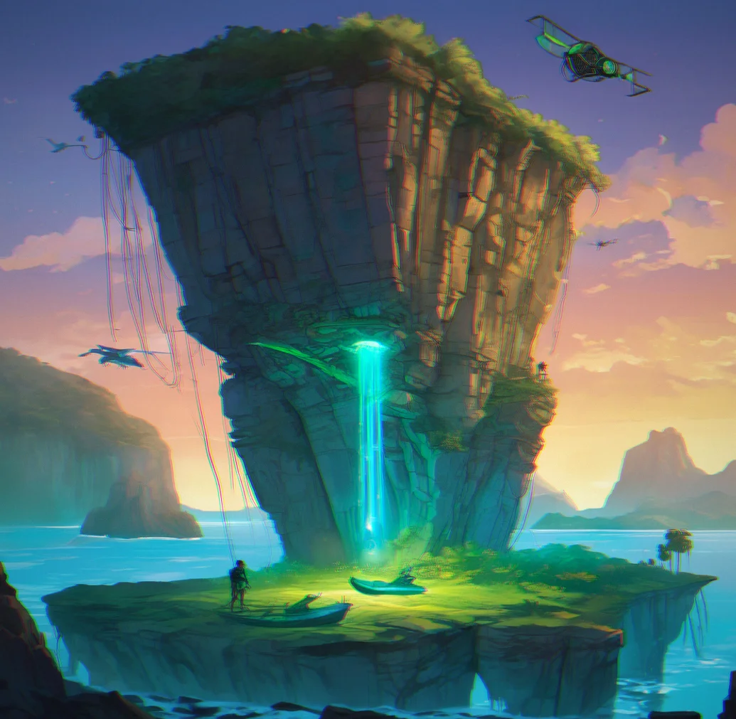 Bioluminescent ruins carved into a cliff face glowing blue-green, a glider approaching from above with a rescue platform visible near the entrance