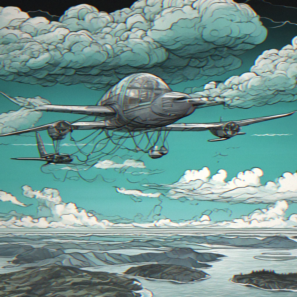 Dark storm clouds building across the mid-distance with a glider climbing away from turbulent air currents, multiple islands visible below the weather system