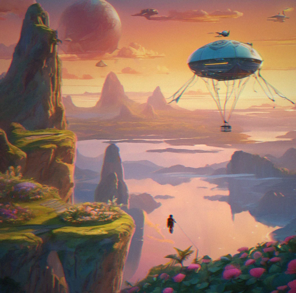 A stranded explorer waving from a floating platform carved into a peak, glider circling at altitude trying to judge the final approach angle with limited fuel