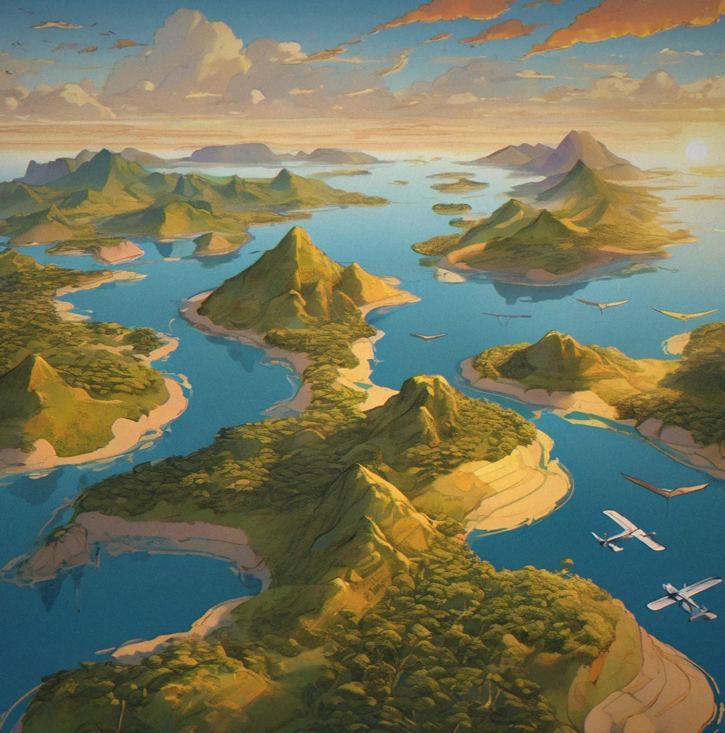 A glider drifting at high altitude through golden evening light with seven islands visible at different elevations, wind currents creating visible patterns across the sky