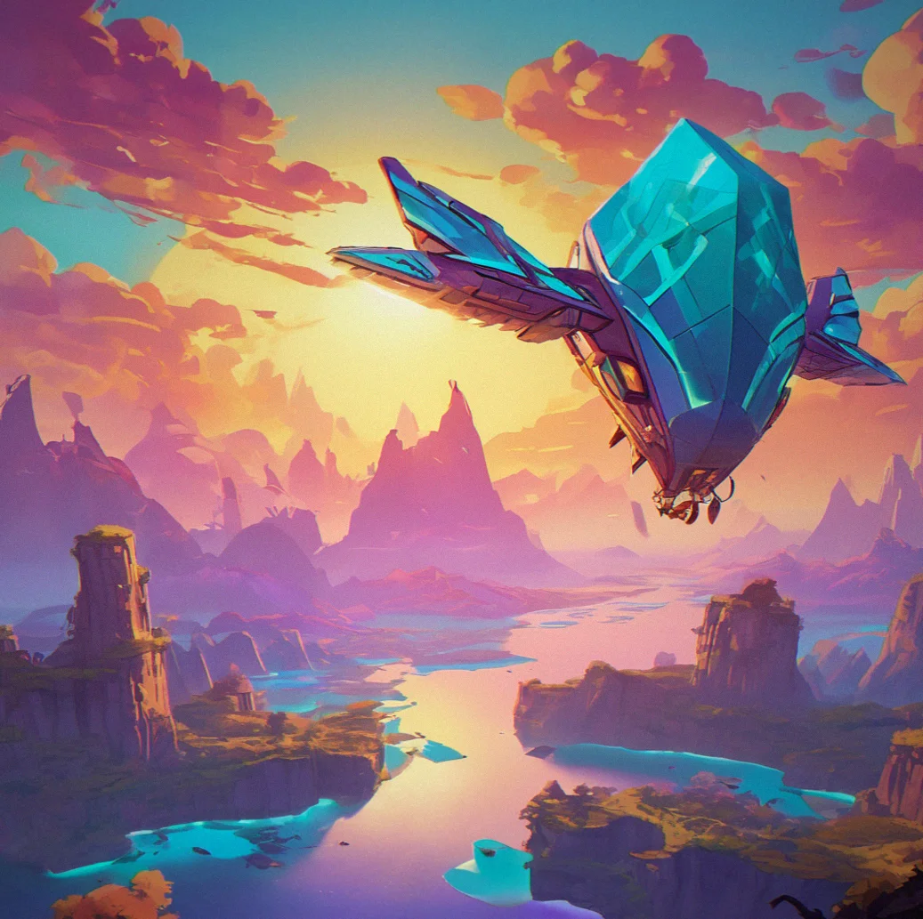 Your glider cutting through the sunrise, heading toward a chain of floating islands with glowing ruins carved into the peaks
